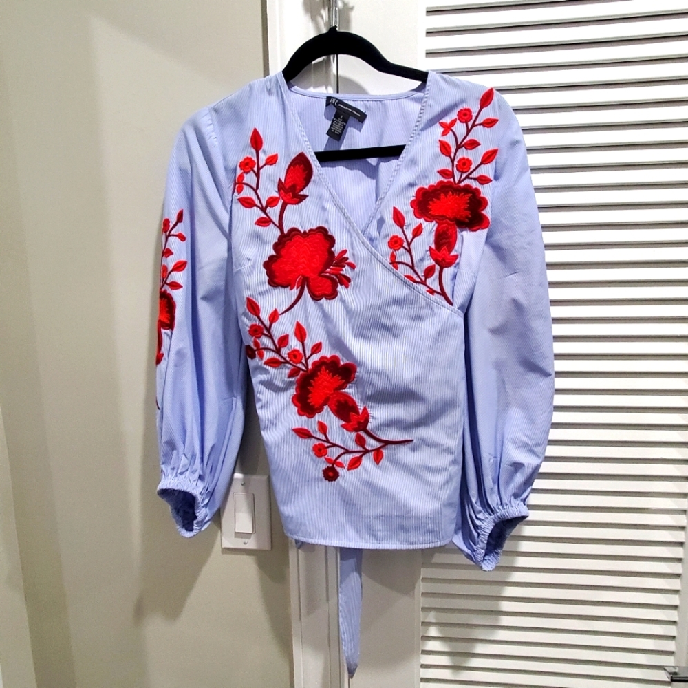 wrap tie top. light blue pinstripe w bright orange reddish flower pattern.